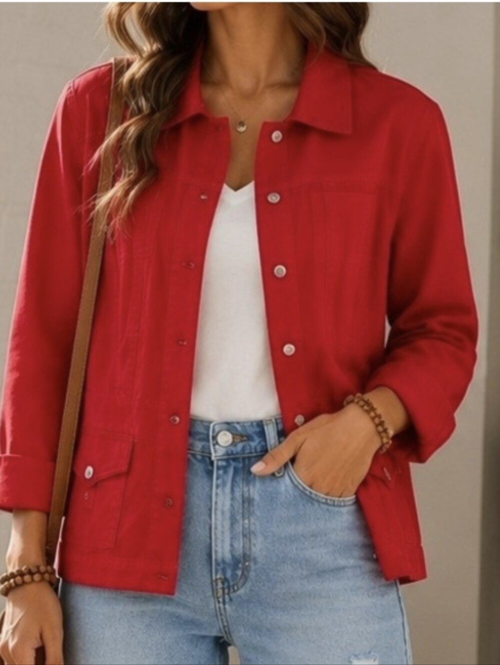 Jones New York Signature Red Utility Jacket Snap Front Large Pullover Casual